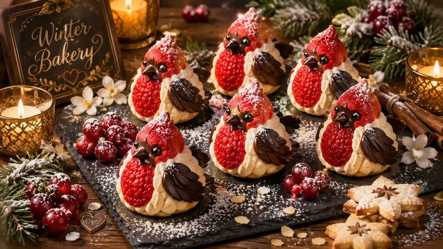 Festive Cardinal Bird Pastries with Raspberries, Chocolate Wings and Winter Bakery Decor