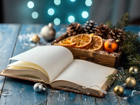 A Blank Open Book Surrounded by Christmas Decorations and Warm Festive Lights