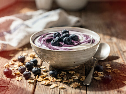 A Rustic Blueberry Yogurt Bowl with Granola, Fresh Berries and Creamy Swirls