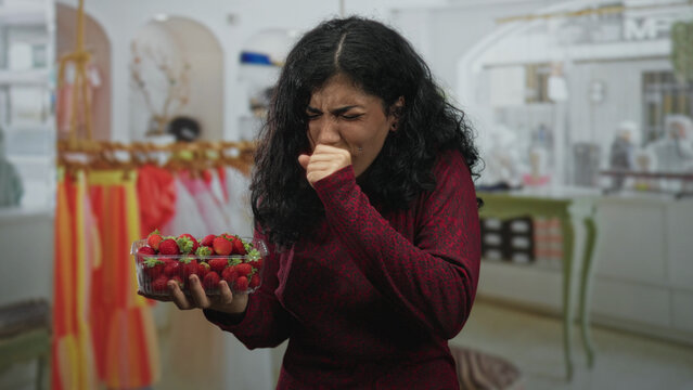 Young woman holding plastic punnet of strawberries and coughing into her fist in building; allergy concern discomfort.