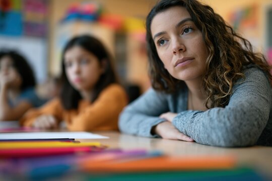 Caring teacher sitting beside withdrawn student at classroom desk