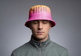 Bucket Hat Mockup on Man Front View with Closed Eyes