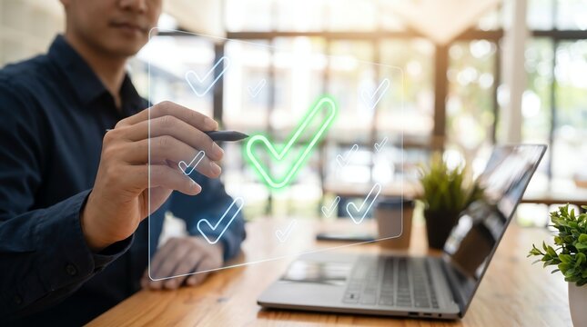 Businessman using digital virtual screen interface to check off completed tasks on a checklist with laptop in office