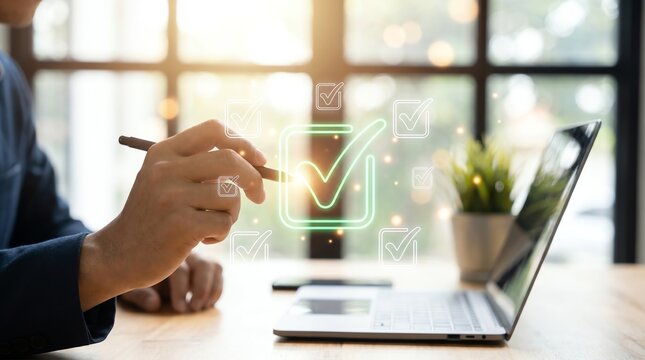 Professional Businessman Using Laptop To Successfully Complete Online Tasks and Verify Project Quality Assurance Standards