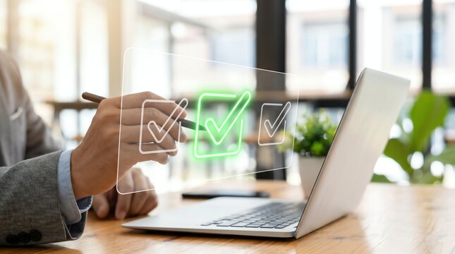 Professional interacting with a digital holographic checklist interface representing quality control and task completion for business efficiency