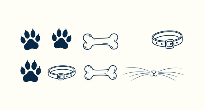 Hand Drawn Pet Icons Collection Featuring Paw Prints Bones Collars and Cat Whiskers Illustrations