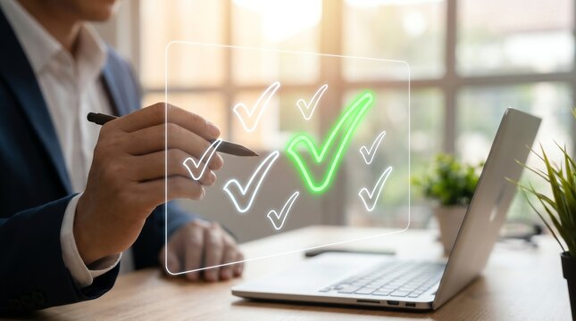 Businessman interacting with a clean digital interface featuring glowing checkmarks and a virtual checklist on a laptop