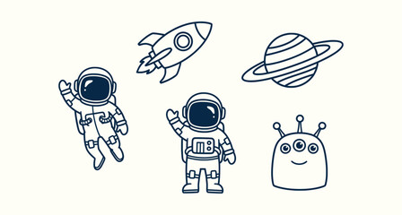 Minimalist space icon set with astronauts rocket planet and cute alien line art vector illustration. © vectorial