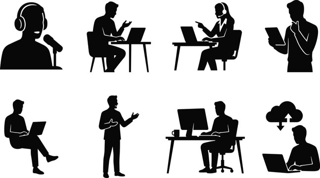 Call center and remote work business silhouette icon set featuring customer service support podcasting and cloud computing concepts