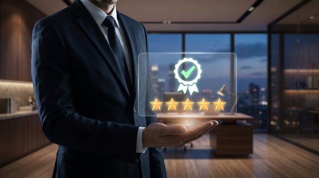 Photorealistic rendering of a businessman holding a five star rating and quality seal hologram