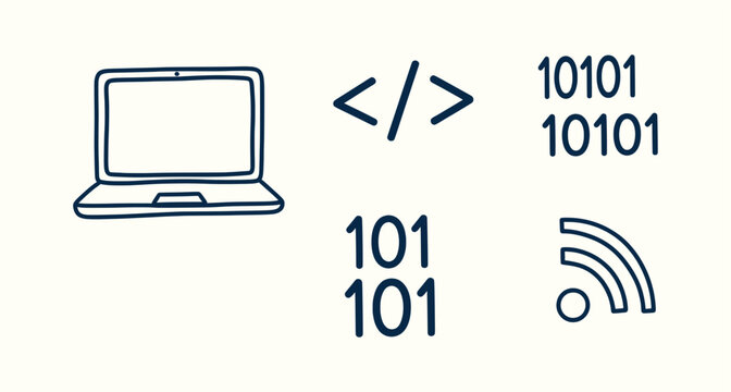 Hand drawn technology icons set with laptop computer coding tag binary code and wifi connection