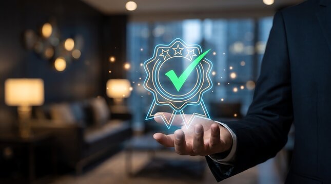 Businessman holding a holographic quality certification seal for premium service and digital trust verification