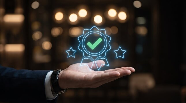 Premium service visualization of businessman presenting digital quality assurance seal for certified business excellence standards