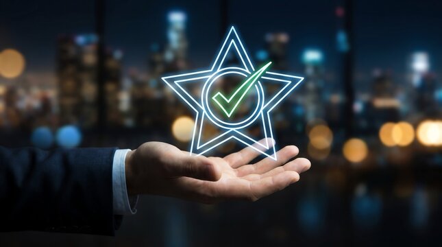 Premium service visualization featuring a businessman holding a glowing checkmark star against city skyline