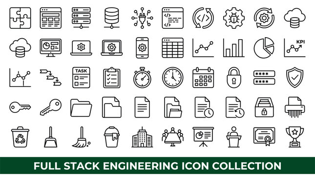 Full stack engineering vector icons with database, gear and graph for web development design in minimal outline style