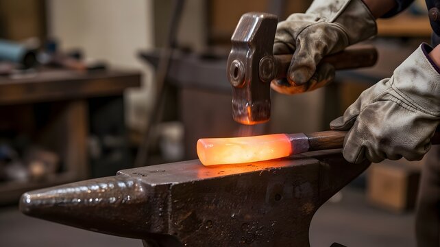 Skilled blacksmith hammering glowing hot metal bar on anvil in workshop for traditional metalworking craftsmanship with blacksmith wearing protective
