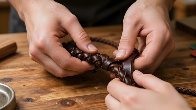 Artisan hands braiding dark brown leather cord for custom craftsmanship on a wooden workshop table with precision with skillfully weaving braiding