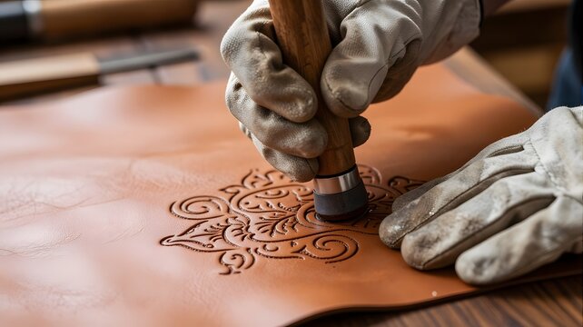 Close up of an artisan using a hand tool to emboss an intricate floral pattern onto a piece of natural tan leather in a professional workshop