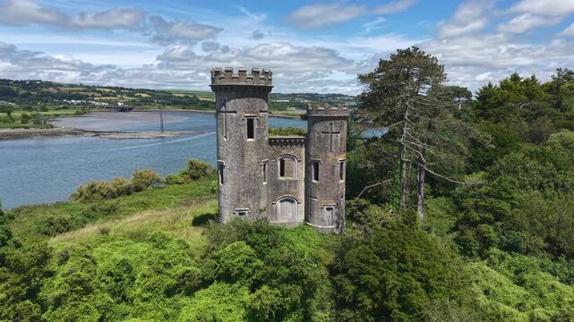 Drone Flying Over Fota Castle on the River Lee, Summer, Fota, Cork, Ireland