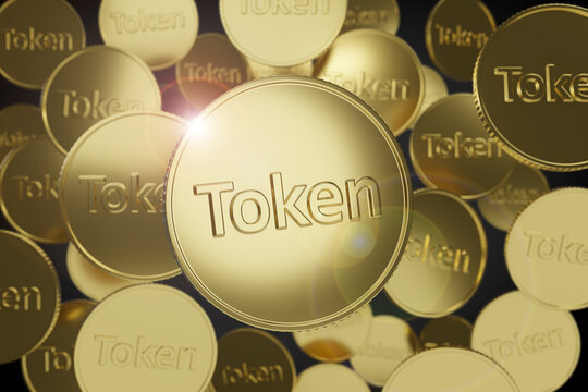 Token coins floating in the air. Horizontal composition. 3D illustration.