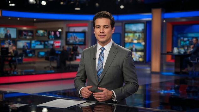 News Anchor Reports Live From the Studio During the Evening News Broadcast at a Television Station