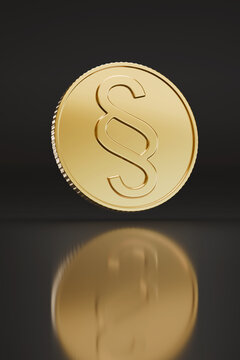 Golden coin with law paragraph symbol on dark background. 3d illustration.
