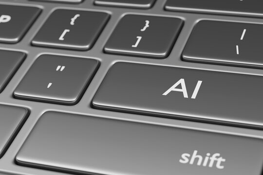 Computer keyboard with the text "AI" on one key. Artificial intelligence concept. 3D illustration.
