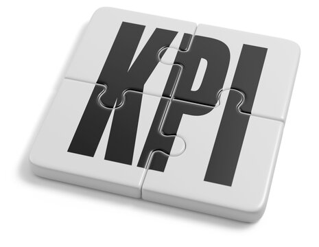 Puzzle with the text KPI isolated on white background. Key Performance Indicator concept 3D illustration.