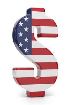 A three-dimensional dollar sign with the colors of the United States flag. 3D illustration.