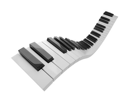Wave-shaped piano keyboard isolated on white background. 3D illustration.