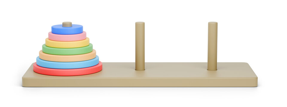 Tower of Hanoi isolated on white background. 3D illustration.