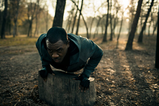 Athlete doing incline push-ups on tree stump in forest park