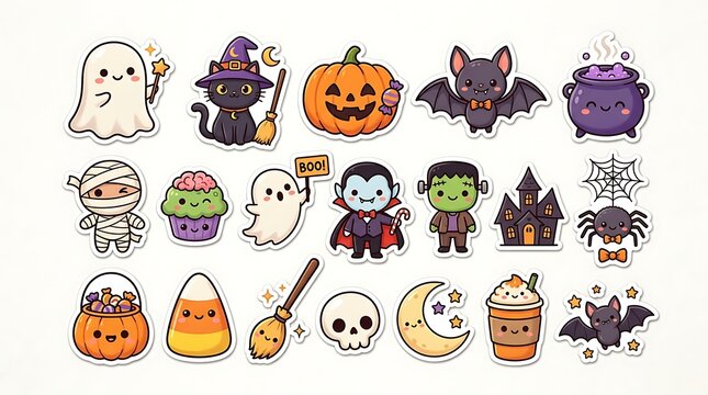 Set of cute kawaii halloween stickers with ghosts cats pumpkins and spooky characters