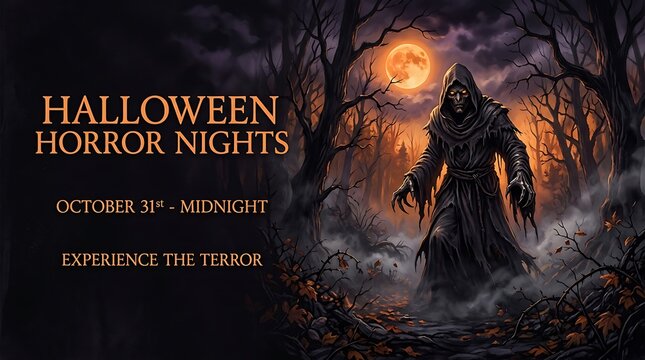 Grim reaper figure in a dark forest for halloween horror night party event poster