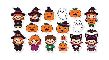 Naklejka premium Cute halloween characters including witches, vampires, ghosts, and pumpkins in a fun cartoon style