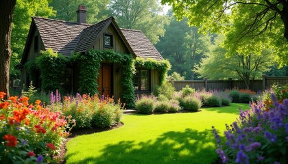 Obraz premium Charming wooden cottage with a vibrant garden full of colorful flowers and green lawn. Vines climb house facade. Tall trees provide shade. Peaceful summer day.