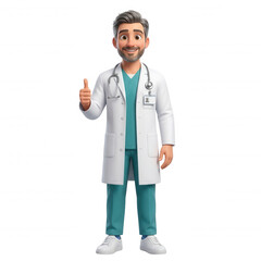 Fototapeta premium Friendly doctor mascot in white coat and turquoise pants isolated on a transparent background