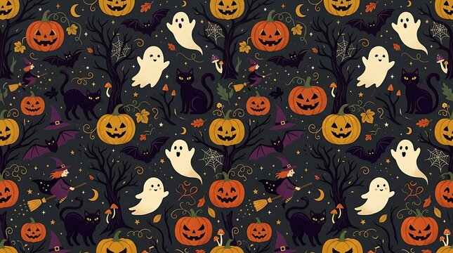 Halloween seamless pattern with cute pumpkins and ghosts on a dark background