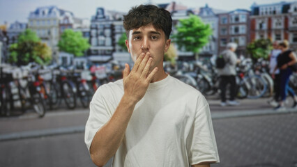 Fototapeta premium Man points both index fingers on city street in amsterdam, visible forearms and hands; quiet pensiveness.