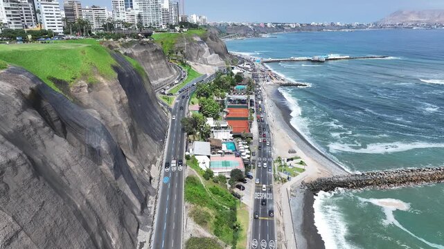 Miraflores Skyline In Lima Capital City Peru. Powerful Landscape Of The Vehicles In A Famous Road . Landmark Coast. Bay Water Landscape. Lima Capital City.