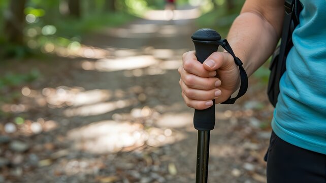 Close up of a hiker holding a trekking pole while walking on a forest trail during a sunny day trip in nature for exercise with exploring blurred forest