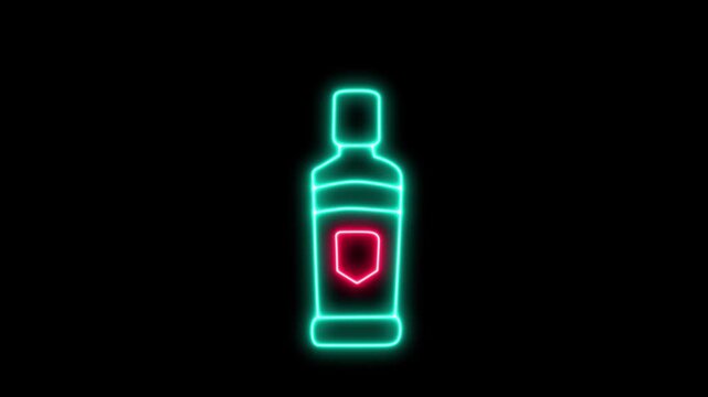 The Glowing neon bottle icon with vibrant cyan outline and red label  4k animation on black background. It's beverages, packaging, product labels, branding, bars, hospitality, icons, graphic design.