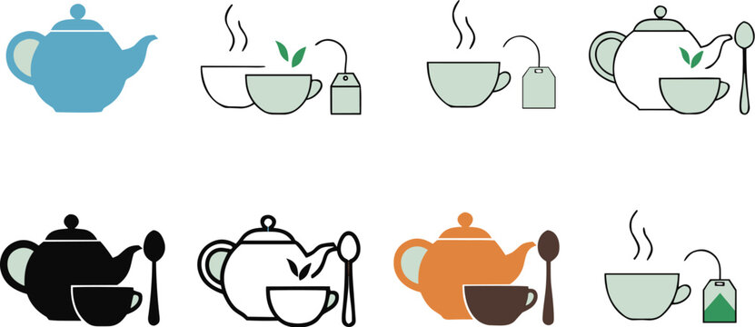 Colorful tea infuser icons with teapots and cups on white background