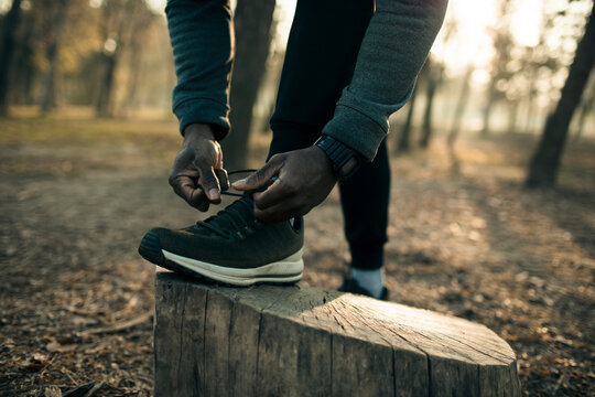 Runner tying shoelaces on tree stump in autumn forest park