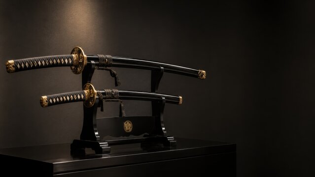 Samurai Swords on Museum Stand With Dark Copy Space