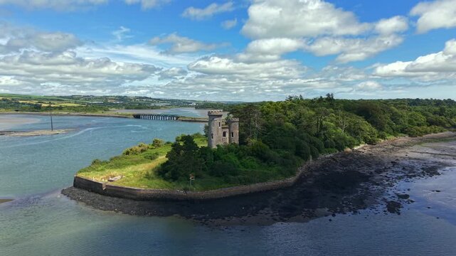 Drone Flying Over Fota Castle on the River Lee, Summer, Fota, Cork, Ireland