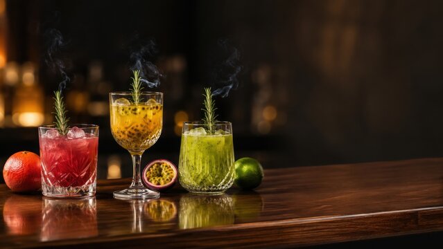 Smoked Rosemary Mocktails on Bar With Citrus and Copy Space
