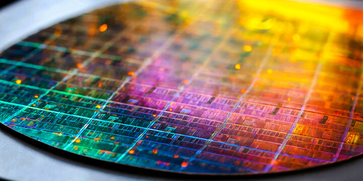 A colorful microchip with a grid pattern on its surface is displayed