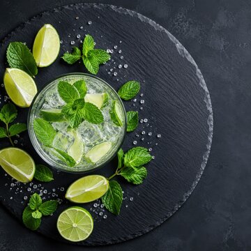 Virgin Mojito Mocktail Top View With Lime and Mint