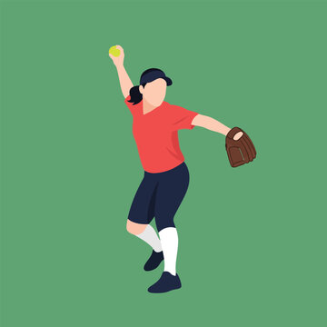 Vector illustration of a female softball player performing a classic underhand fastpitch motion, depicting the windup and release of the ball in an athletic competition setting.